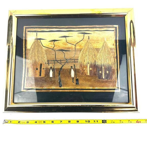 Vintage African Handmade Banana Leaf Tribal Art Photo in Gold Frame - Picture 9 of 10